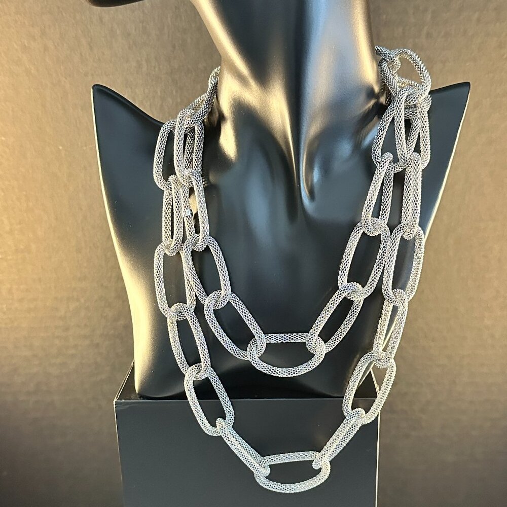 ✨ 40” Silver Mesh Link Statement Necklace | Textured Italian-Style Design